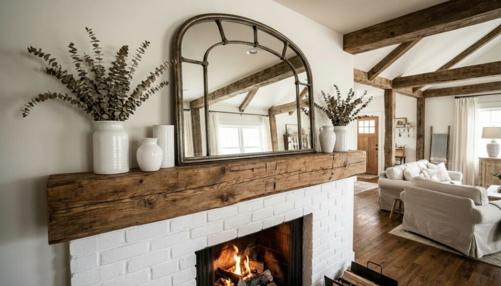 Close-up of a rustic farmhouse fireplace with a thick wood mantel, white brick, arched mirror, dried eucalyptus, and exposed ceiling beams.
