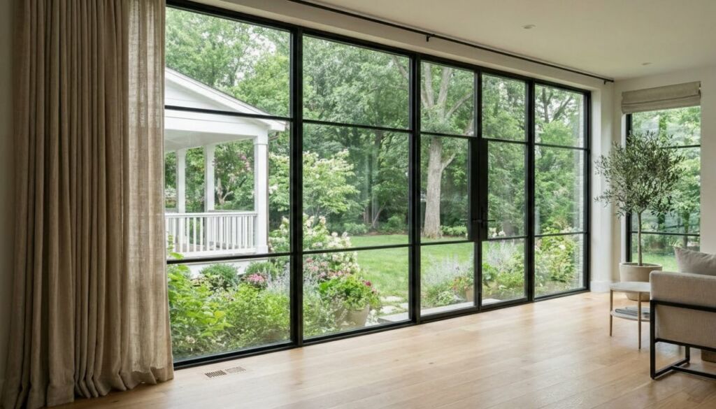 Contemporary living room featuring a massive wall of black steel-framed windows overlooking a lush green backyard garden and white porch.