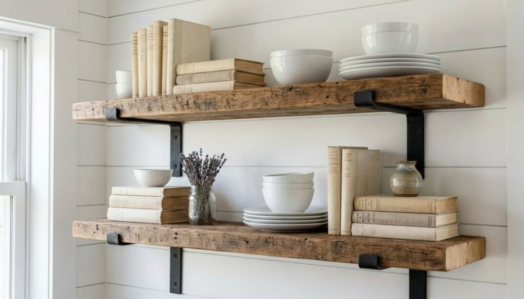 Two rustic reclaimed wood floating shelves mounted on black brackets against a shiplap wall, styled with white bowls, neutral books, and lavender.