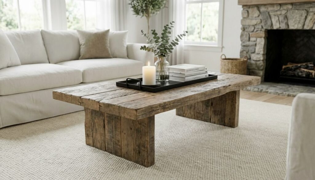 Reclaimed wood coffee table in a bright farmhouse living room with a white slipcovered sofa, textured rug, and stone fireplace.