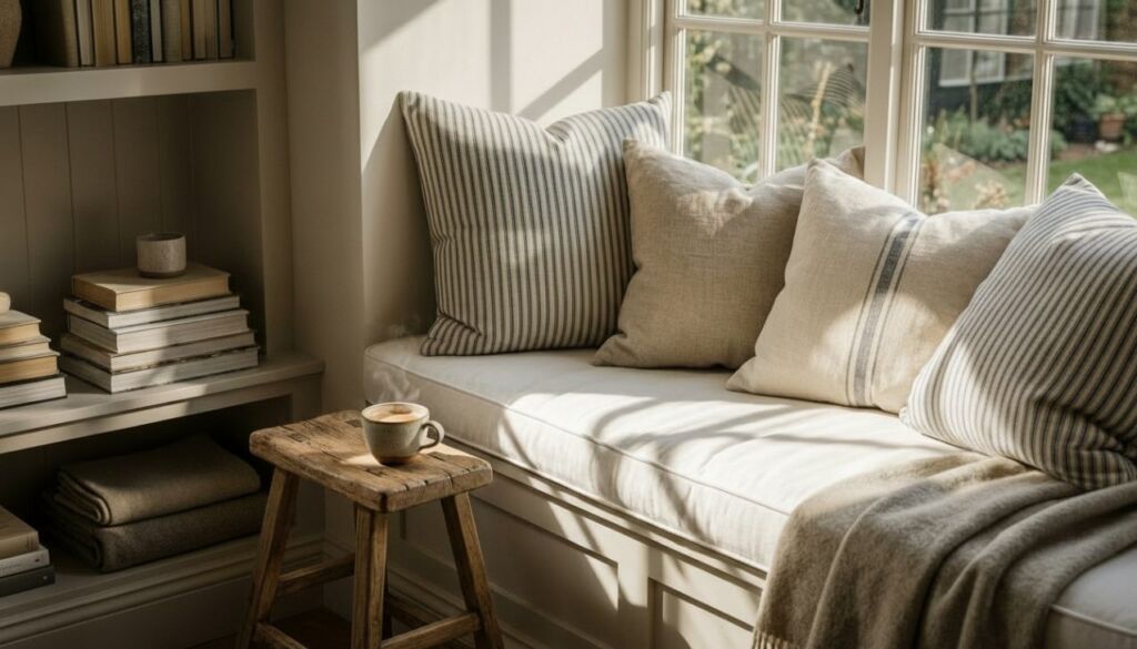 A sunlit, cozy farmhouse window seat with striped and linen pillows, a rustic stool, and a mug of coffee.