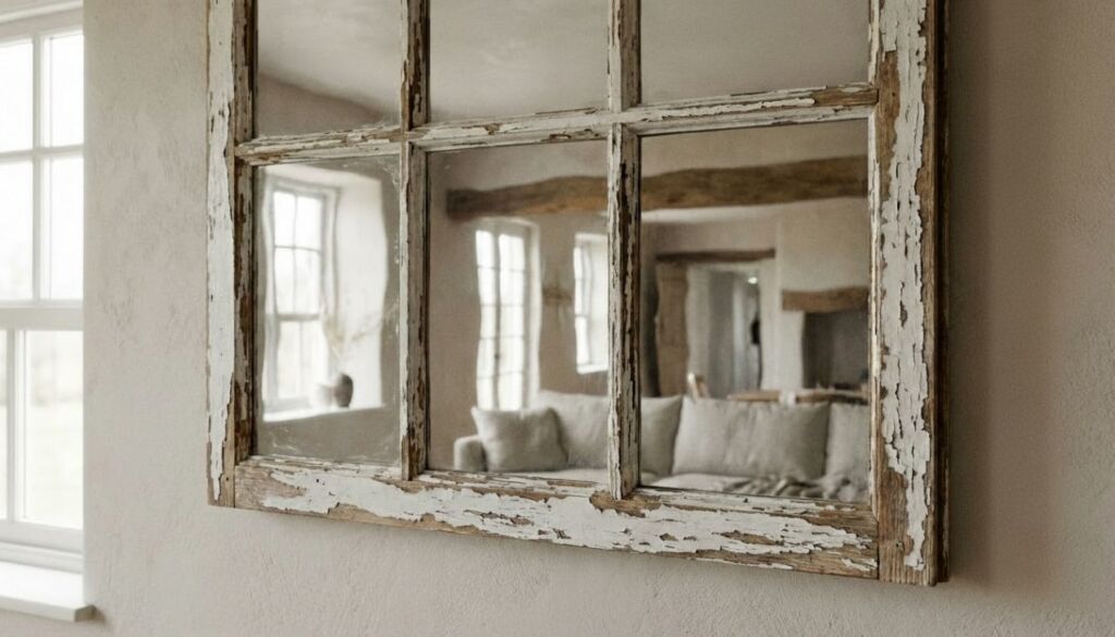 Large distressed white wood window-pane mirror reflecting a cozy farmhouse living room with neutral sofa and exposed beam.