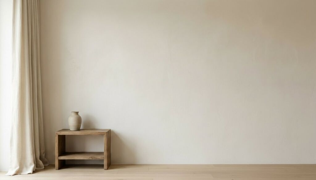 Neutral farmhouse interior design featuring a light wood side table, beige ceramic vase, cream curtains, and smooth beige wall.