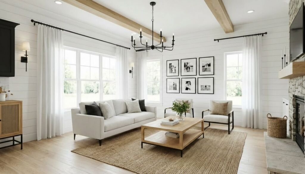 A bright modern farmhouse living room featuring white shiplap walls, exposed wood beams, a light sofa, jute rug, and black chandelier.