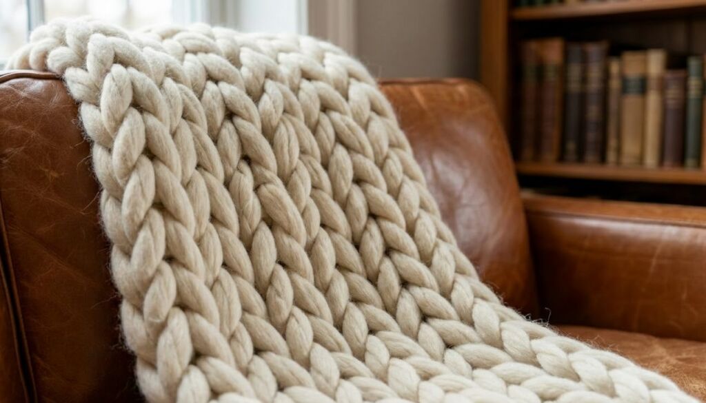Close-up of a cream chunky knit throw blanket draped over the arm of a distressed brown leather armchair in a living room.