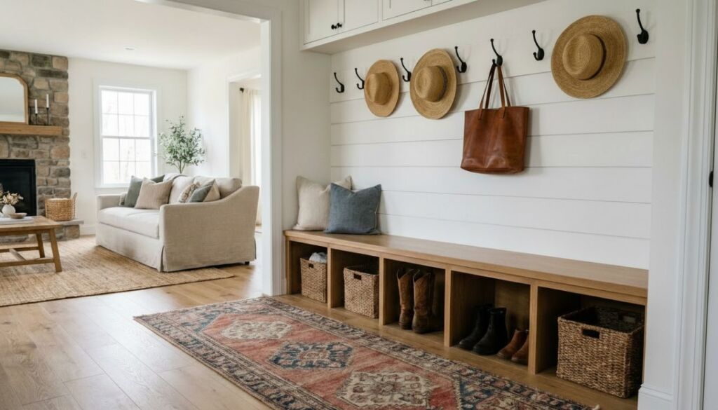 Farmhouse entryway featuring a light wood storage bench, white shiplap wall, straw hats, and boots, connecting to a living room with a stone fireplace.