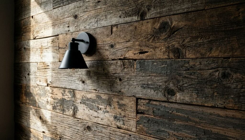 Matte black industrial wall sconce mounted on a textured reclaimed wood plank wall in a rustic farmhouse living room.