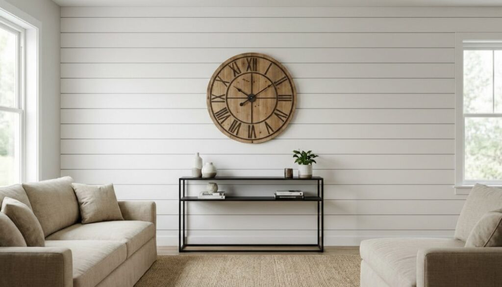 Bright farmhouse living room featuring white shiplap walls, beige sofas, a black console table, and a large rustic wooden clock.
