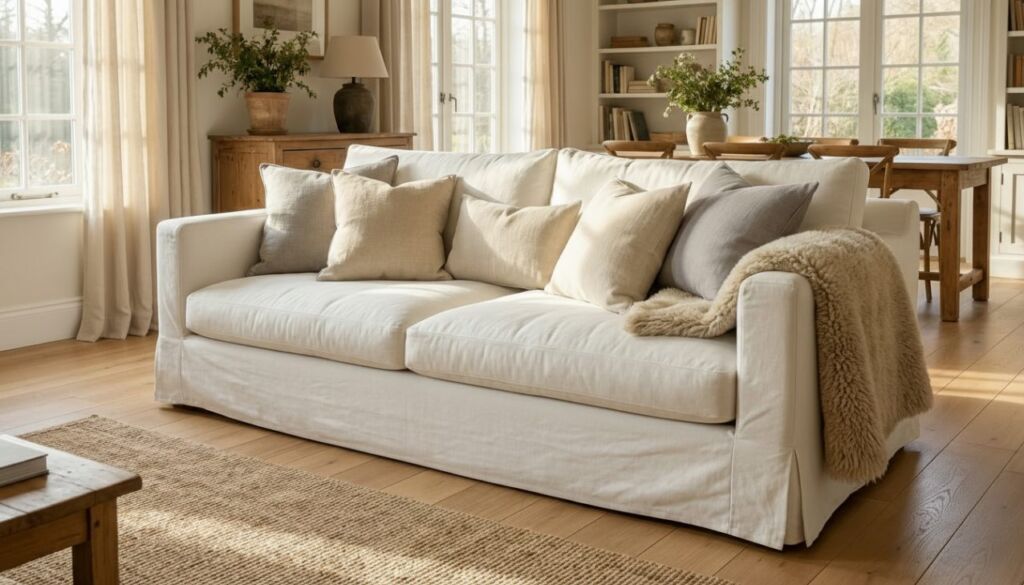 Large off-white slipcovered sofa in a sunlit farmhouse living room, featuring neutral pillows, sheepskin throw, and jute rug.