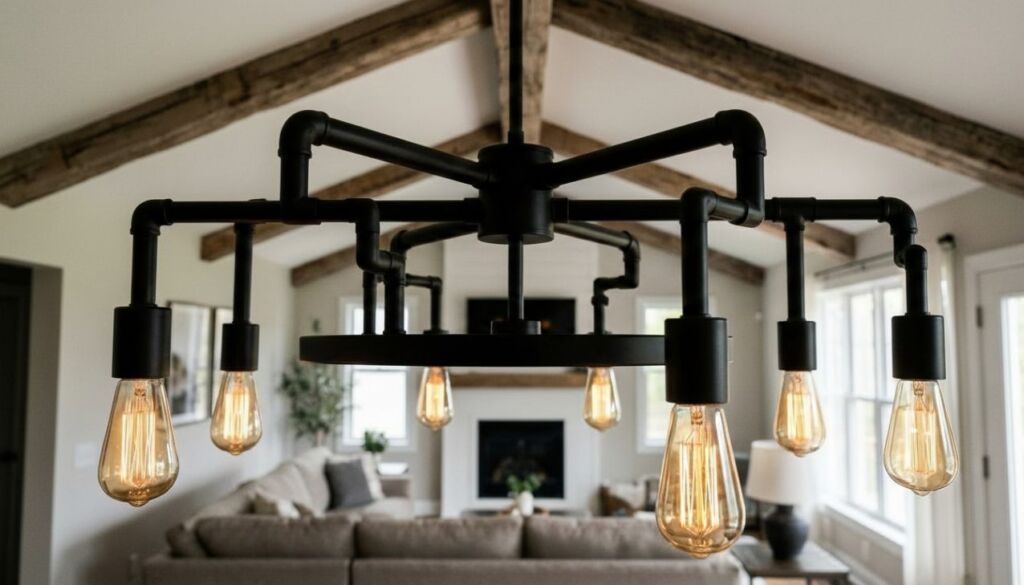 Black industrial pipe chandelier with Edison bulbs hanging from a vaulted ceiling with rustic wooden beams in a farmhouse living room.
