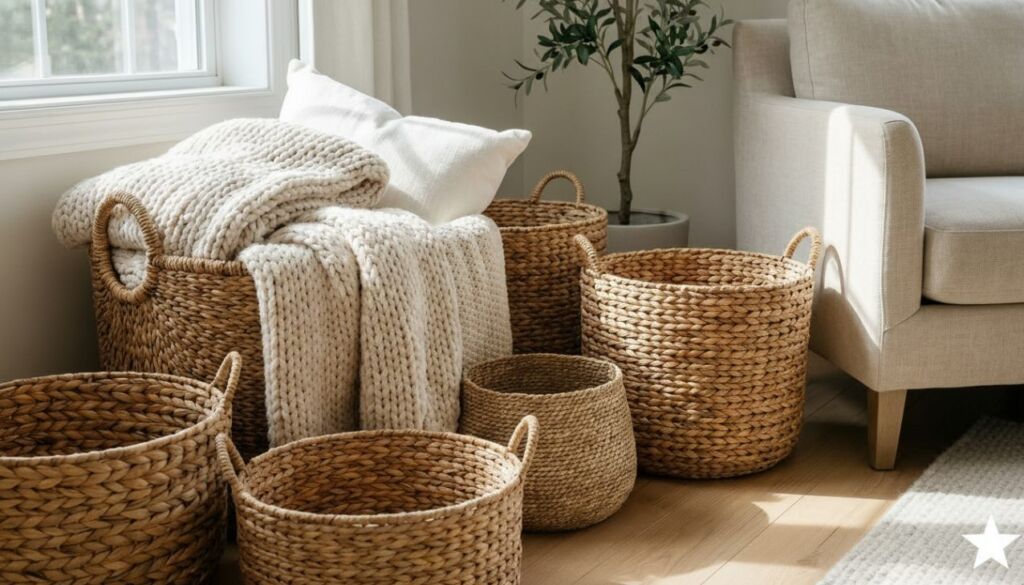Collection of woven seagrass storage baskets next to a window, holding a chunky cream knit blanket in a cozy farmhouse living room.