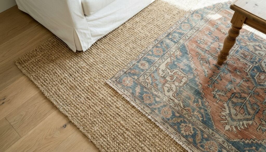 Close-up of layered rugs: a large woven jute rug beneath a smaller, patterned vintage Persian rug in rust and blue, next to a white slipcovered sofa.