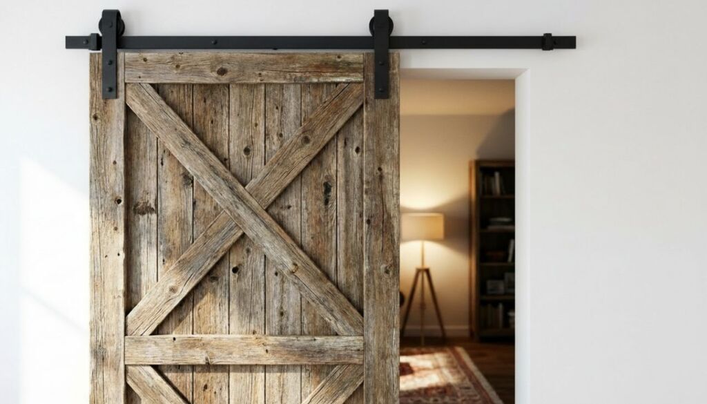 Close-up of a weathered, reclaimed wood barn door with diagonal cross beams and black matte sliding hardware on a white wall.