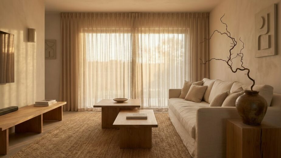 Warm, minimalist Japandi living room featuring a cream sofa, nested wooden coffee tables, a jute rug, sheer curtains, and natural branch decor.