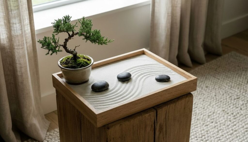 Miniature Zen garden with raked sand, three black stones, and a bonsai tree sitting on a rustic wooden table in a brightly lit Japandi interior.