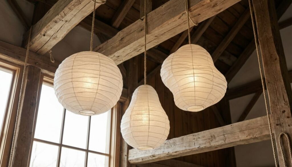 Three organic white paper pendant lights hanging from rope in a rustic interior with exposed natural wood beams and rafters, showcasing Japandi style.