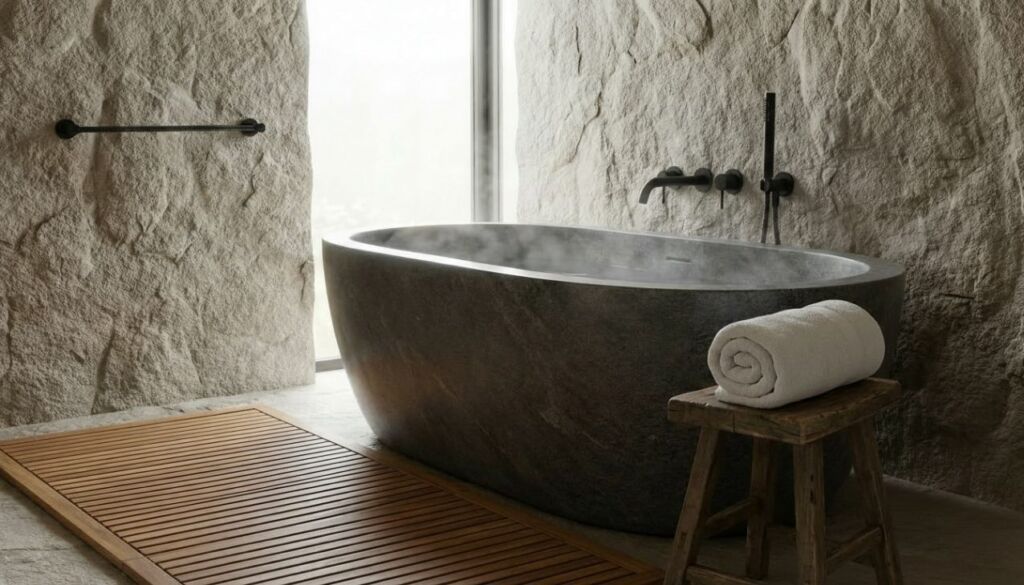 Freestanding dark stone bathtub in a Japandi-style bathroom with rough textured stone walls, matte black fixtures, and a wooden bath mat.