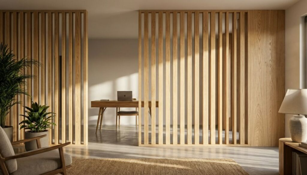 Modern Japandi living space featuring light oak wood slat room dividers, natural lighting, an armchair, potted plants, and a jute rug.