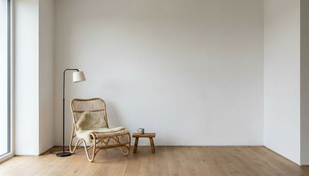 Minimalist Japandi interior corner featuring a rattan accent chair with a sheepskin throw, a small wooden stool, and a black floor lamp against a white wall.
