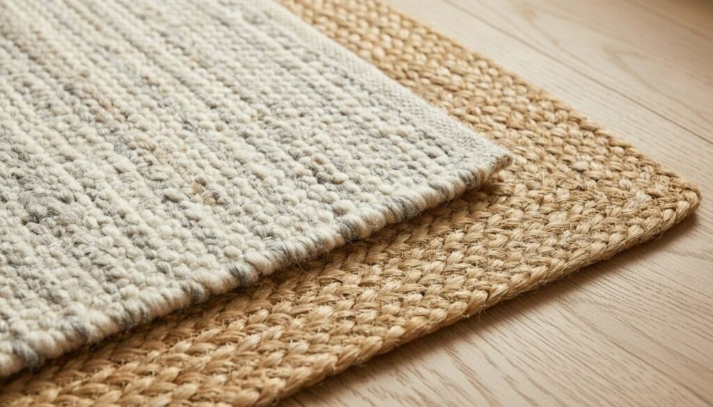 Close-up of two natural rugs layered on a light wood floor: a braided brown jute rug overlaid with a thick, textured white wool rug.