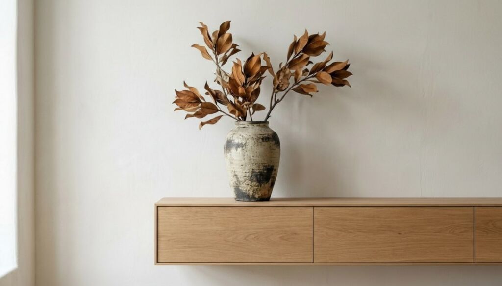 Distressed ceramic vase with dried brown leaves placed on a floating, light natural oak cabinet against a textured white wall.