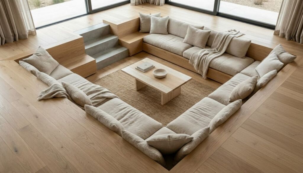 A sunken living room in Japandi style featuring a large, U-shaped built-in sectional sofa upholstered in beige linen, light wood floors, and a simple rectangular coffee table.