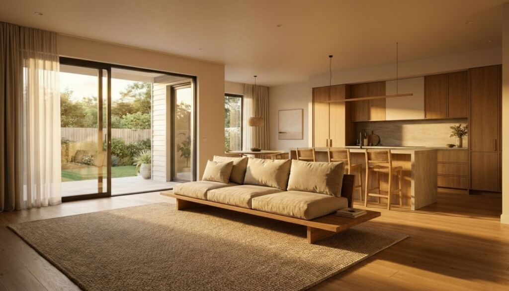Japandi style open-plan living space featuring a low wooden sofa, neutral rug, and light wood kitchen cabinetry opening to a sunlit garden.
