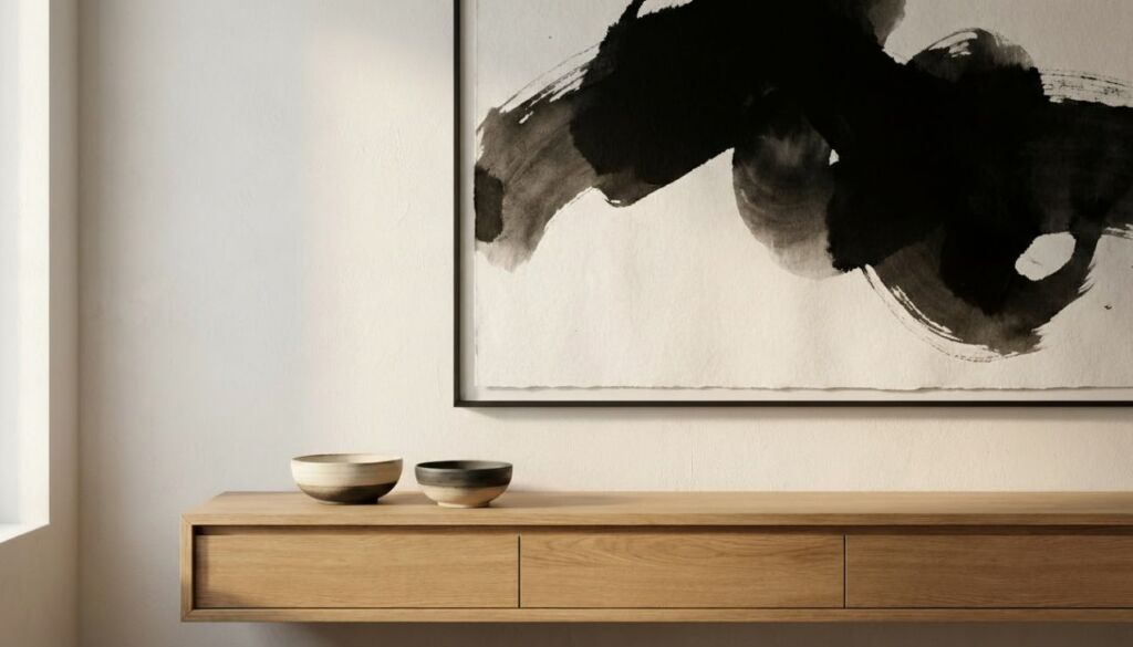 Close-up of a Japandi interior featuring a floating light oak console, two ceramic bowls, and a large framed black abstract ink painting on a white wall.