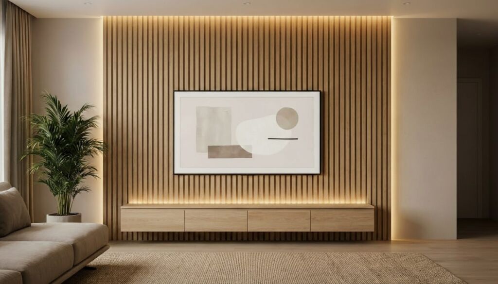 Japandi style living room featuring a vertical wood slat accent wall with cove lighting, a floating light oak media console, and neutral abstract artwork.
