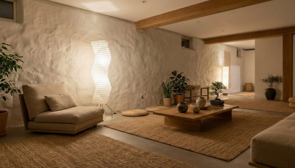 A tranquil Japandi style living room with textured white walls, a low profile sofa, jute rugs, and ambient paper lighting.