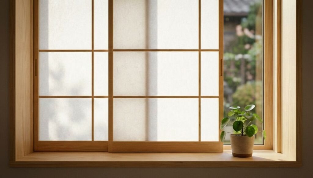 Close-up of a Japandi window featuring wooden shoji screens, a light wood sill, and a small potted Pilea plant.