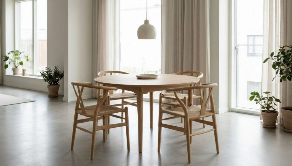 Japandi-style dining room featuring a light wood round table, four Wishbone chairs, white pendant lamp, concrete floor, and large windows.