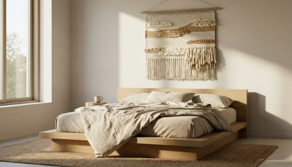 A tranquil Japandi bedroom featuring a light wood platform bed, neutral linen bedding, and a large, textured woven tapestry above the headboard.