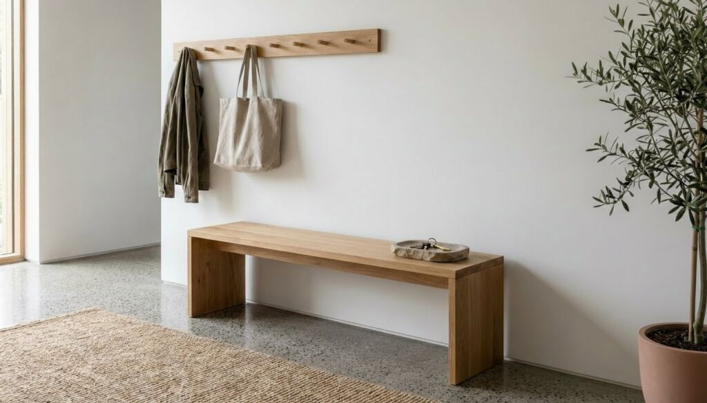 Japandi-style entryway with a minimalist light wood bench, wooden coat rack, natural jute rug, and a large potted olive tree.