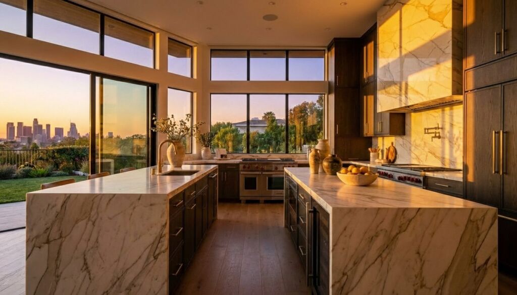 A modern luxury kitchen featuring dual Calacatta marble waterfall islands, dark wood cabinets, and expansive windows framing a cityscape view at sunset.