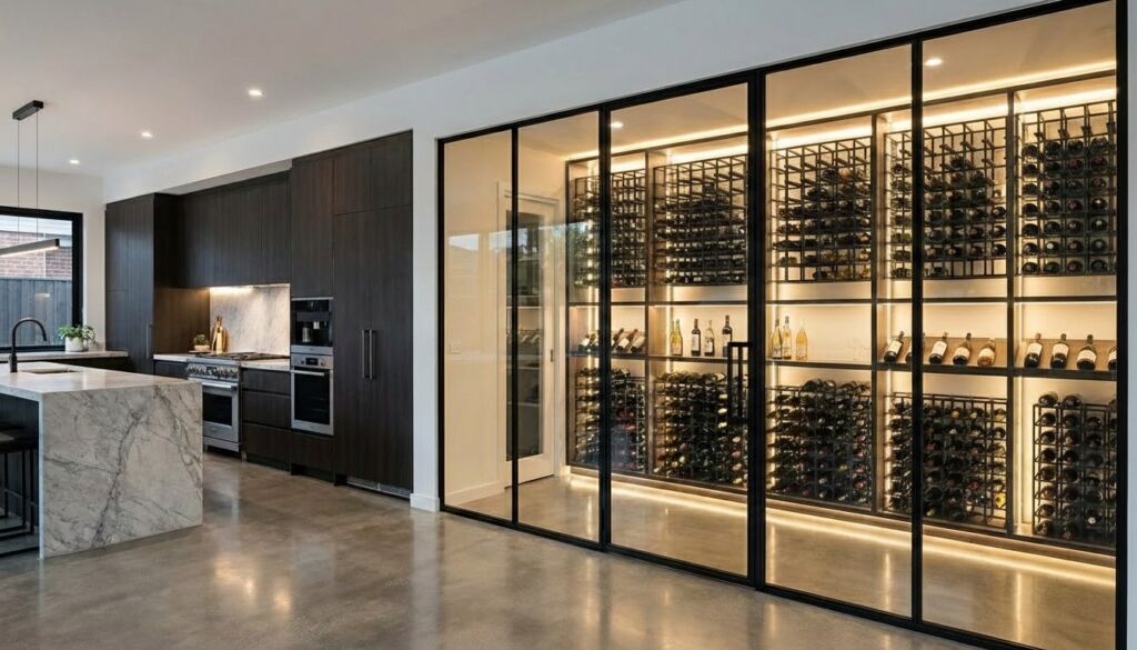 Luxury modern kitchen featuring dark wood cabinets, a gray marble waterfall island, and a large, brightly lit glass-fronted wine cellar.
