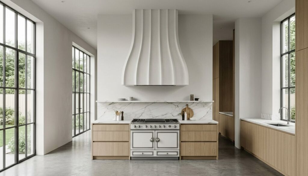 Wide shot of a luxury modern kitchen with light wood cabinets, white marble backsplash, classic range, and a dramatic, fluted sculptural hood.