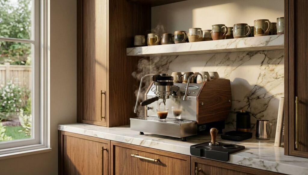 A luxury modern kitchen coffee station featuring a chrome espresso machine, rich walnut cabinets, and white marble counters, illuminated by natural light.
