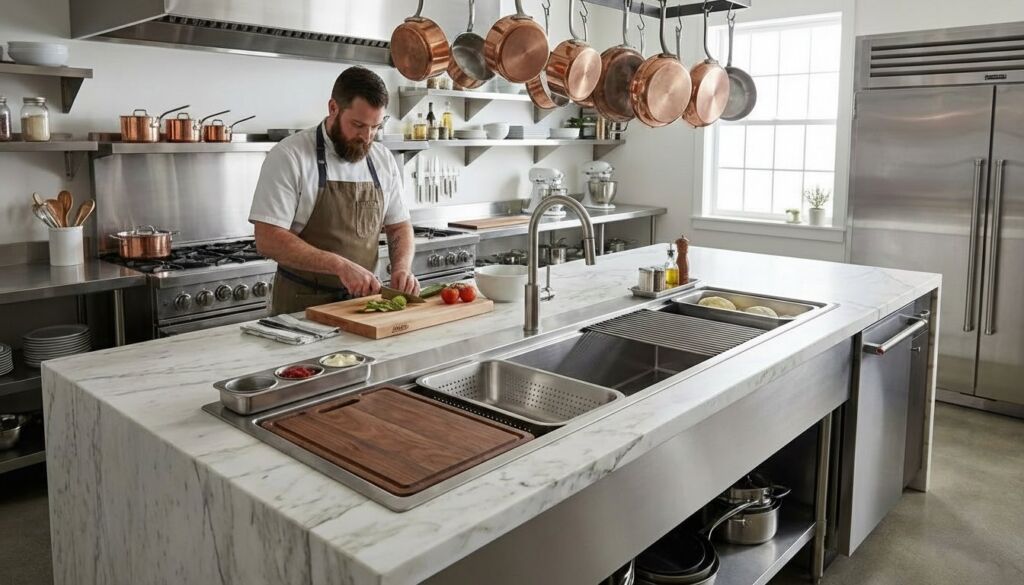 A chef cuts vegetables on a butcher block on a large marble kitchen island surrounded by stainless steel appliances and copper cookware.