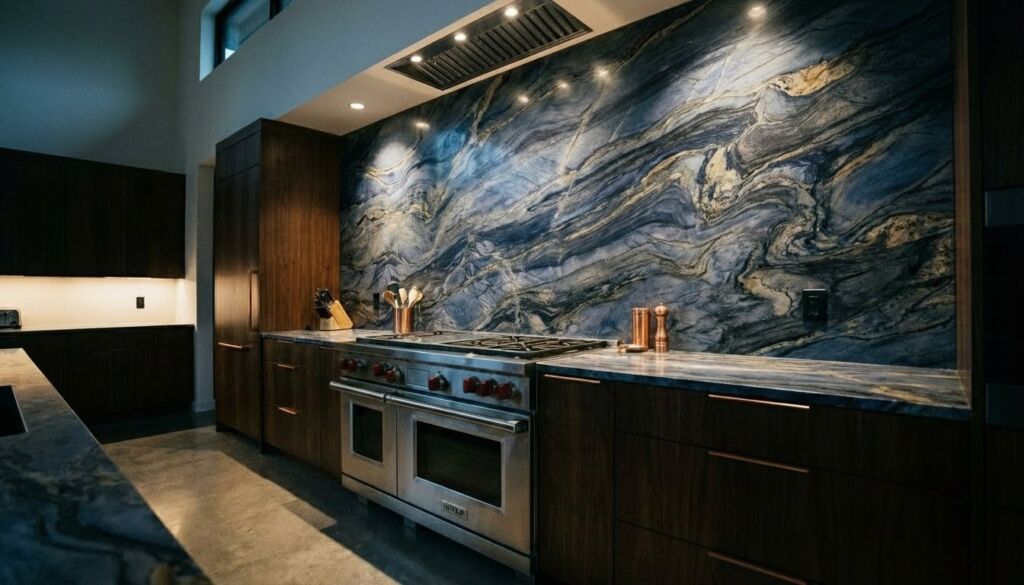 High-end kitchen featuring a dramatic blue, gold, and gray veined natural stone slab backsplash, dark wood cabinets, and a stainless steel professional range.