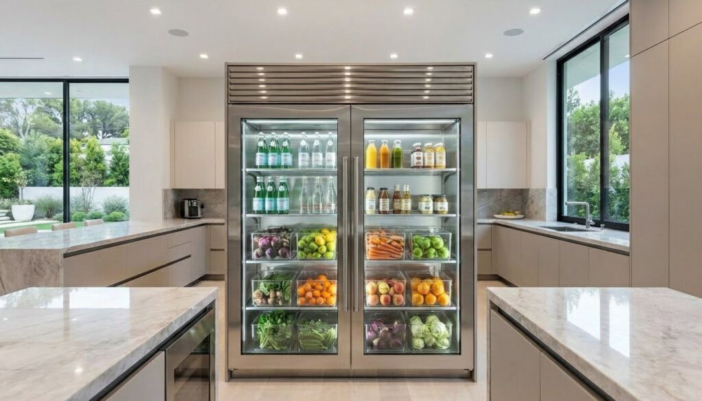 A luxury modern kitchen featuring sleek taupe cabinets, marble countertops, and a large stainless steel glass-door refrigerator fully stocked with fresh produce.