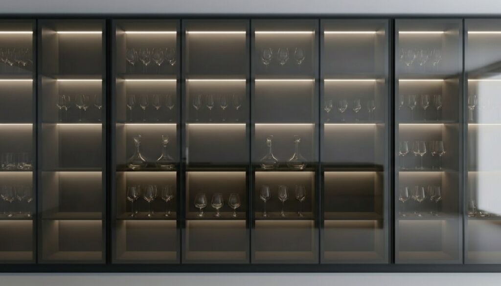 Modern luxury kitchen cabinetry featuring dark framed glass doors, illuminated shelving, and display storage for fine glassware and decanters.