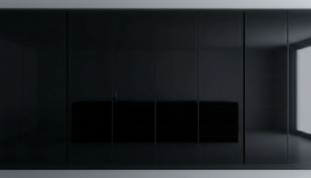 Full wall of seamless, high-gloss black cabinetry creating a minimalist, luxury storage system in a modern interior.