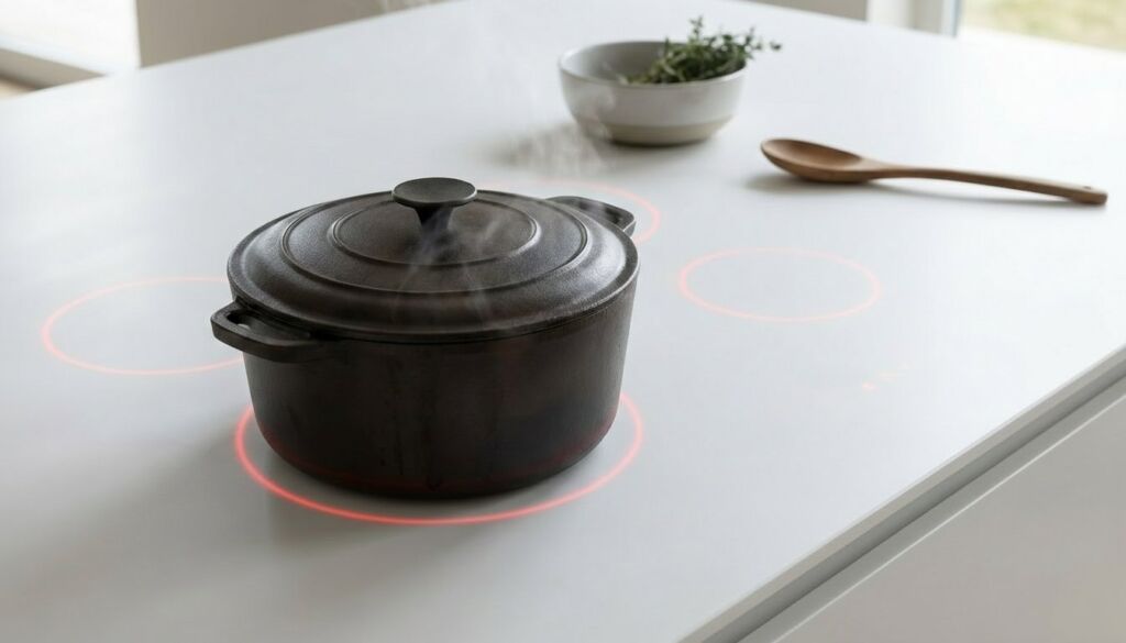 Dark cast iron pot steaming on a minimalist white integrated induction cooktop in a modern luxury kitchen. Fresh herbs nearby.