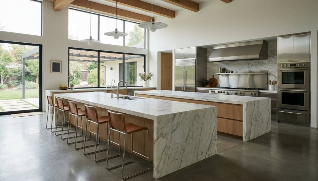 Bright, modern luxury kitchen featuring two large marble waterfall islands, light wood cabinetry, stainless steel appliances, and large windows.