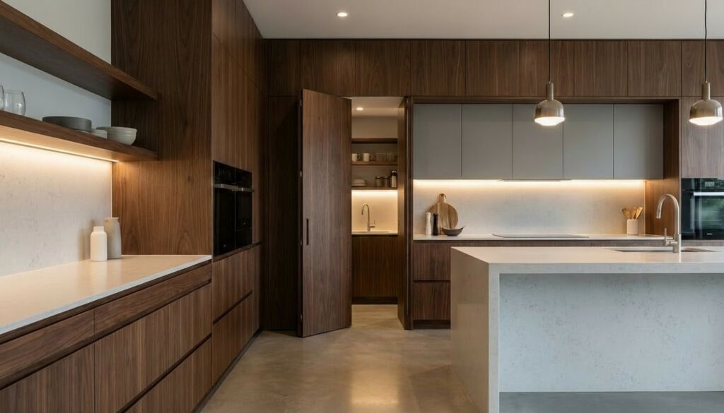 A minimalist luxury kitchen featuring dark walnut floor-to-ceiling cabinets, a light quartz island, under-cabinet lighting, and a cleverly concealed walk-in pantry.