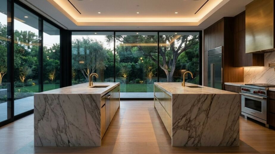 Contemporary luxury kitchen featuring two large marble waterfall islands, brass hardware, dark wood cabinets, and floor-to-ceiling windows overlooking a landscaped garden.