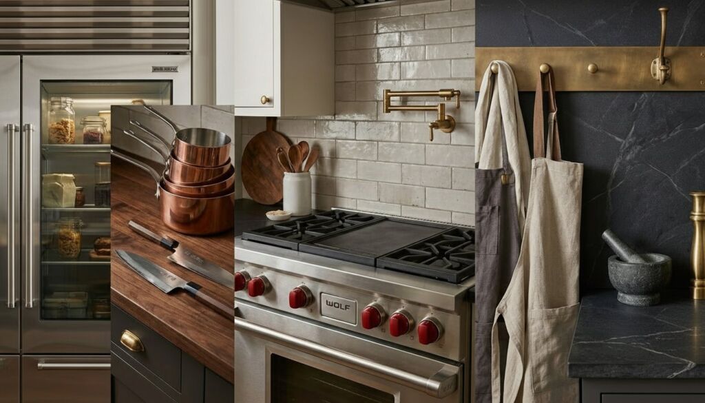 A collage of modern luxury kitchen features: Wolf range, Sub-Zero refrigerator, copper pots, brass hardware, and dark marble.