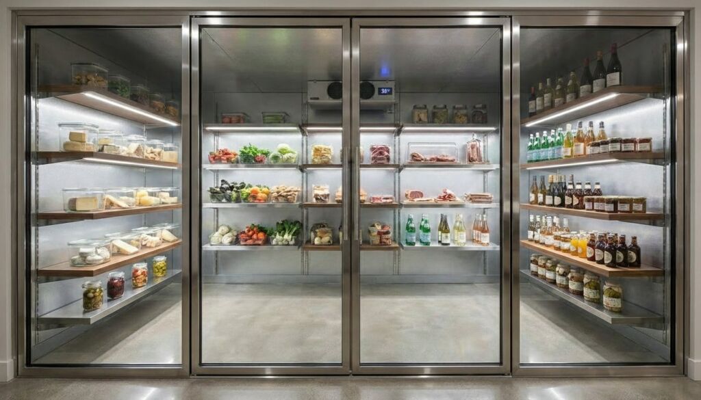 A sleek, built-in, multi-door stainless steel refrigerator or pantry cooler stocked with gourmet cheese, produce, wine, and deli meats, highlighted by LED lighting.