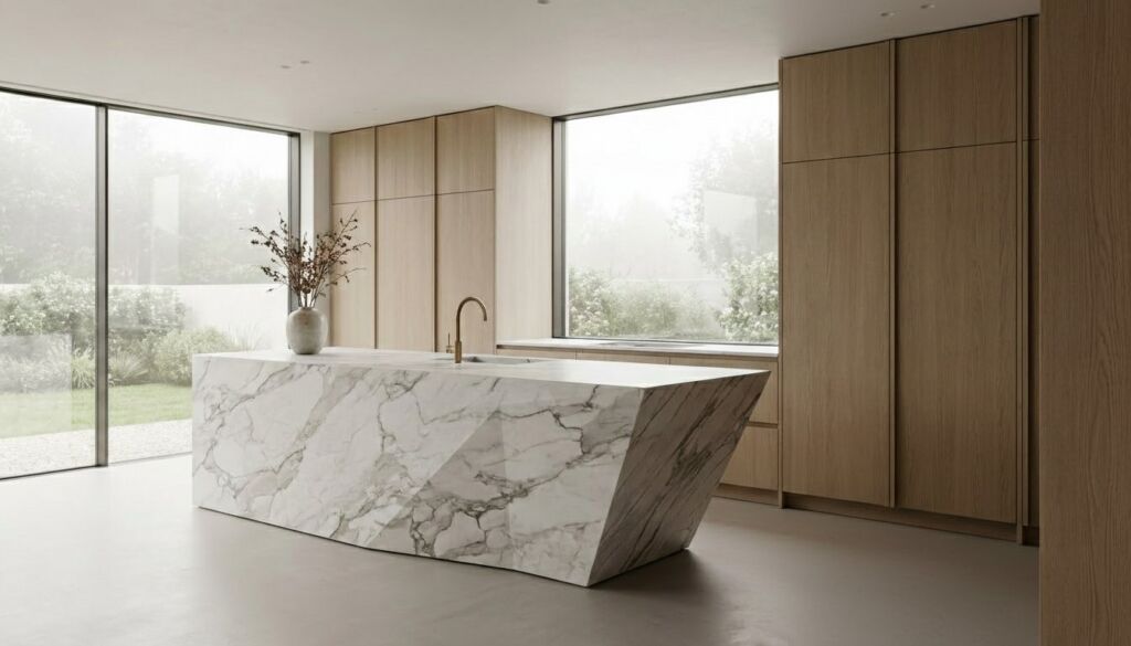 Modern luxury kitchen featuring a dramatic, angular white marble island, light oak cabinets, and large floor-to-ceiling windows.
